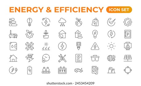 Conjunto de iconos de línea de energía y ecología. contorno con colección de trazo editable. Incluye Eco Home, Energía Nuclear, Planta de Energía, Energía Solar. Conjunto simple sobre eficiencia energética y ahorro.