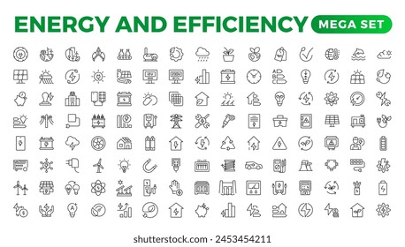 Conjunto de iconos de línea de energía y ecología. contorno con colección de trazo editable. Incluye Eco Home, Energía Nuclear, Planta de Energía, Energía Solar. Conjunto simple sobre eficiencia energética y ahorro.