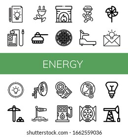 Set of energy icons. Such as Idea, Power bank, Green energy, Tank, Fireplace, Coffee beans, Boat engine, Fitness, Pinwheel, Mining, Flash, Wind socket, Fuel, Global warming , energy icons