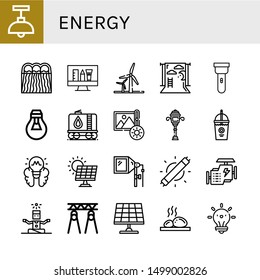 Set of energy icons such as Lamp, Hydro power, Idea, Wind energy, Backdrop, Torch, Lightbulb, Tank, Brightness, Street light, Smoothie, Solar energy, Flash, Led light ,