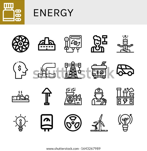 Set of energy icons. Such as Vitamins, Turbine,
Factory, Heater, Fitness, Yoga, Thinking, Pollution, Oil rig,
Electric generator, Electric car, Cupping, Lamp, Nuclear power ,
energy icons