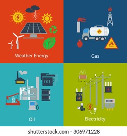 Set of Energy and Industrial  Designs in Flat Style.. Infographics With Ecology, Oil Industry, Power, Energy and Industrial Themes. Vector Illustration.  