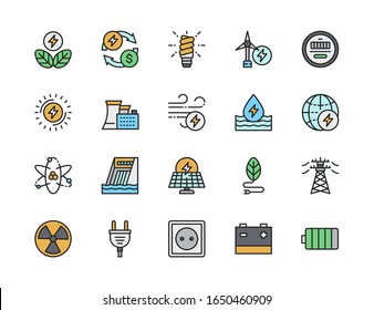 Set of Energy Industry Color Line Icons. Power Plant, Station, Battery and more.