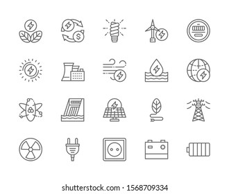 Set of Energy Industry Line Icons. Power Plant, Energy Saving Lamp, Wind Turbine, Water Dam, Solar Station, High Voltage Line, Electric Plug, Power Socket, Battery and more.