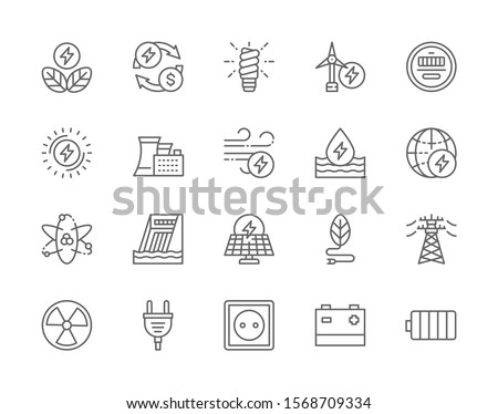 Set of Energy Industry Line Icons. Power Plant, Energy Saving Lamp, Wind Turbine, Water Dam, Solar Station, High Voltage Line, Electric Plug, Power Socket, Battery and more.