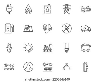 set of energy line icons, electric power, gas, clean energy