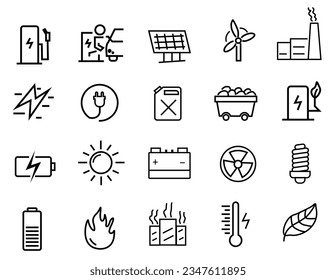 conjunto de iconos de línea de energía ilustración vectorial. contener ícono como solar, ecológico, de fuego, mina de carbón, batería y más