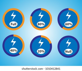 Set of energy quantity indicators icons. Vector blue charge indicators. Round vector elements.
