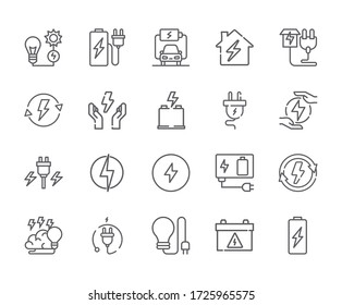 Satz energieverbrauchsrelevanter Vector Line-Symbole. Enthält Symbole wie Schraube, Batterie, Spannung und mehr. - Vektor
