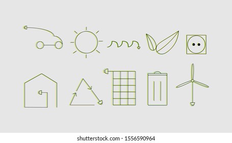 Set of  energy and renewable 2D  Included the icons as wind ,solar energy, hydrogen, power station, low energy house And Other Elements.