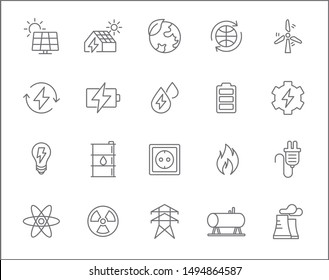 Set of energy and renewable Icons line style. Included the icons as wind ,solar energy, hydrogen, power station, low energy house And Other Elements.