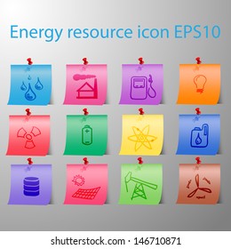 Set of energy resource icon on colorful paper note