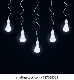 Set energy saving lighting devices hang on wires. Lighting vector illustration