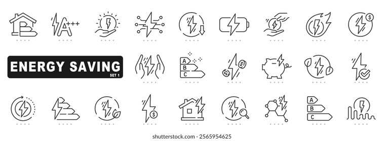 Set of energy saving related line icons. Efficient, green, power etc. Editable stroke.