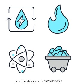 Set of Energy Types icon. Hydroelectric Power Station, Solar Cells and more. Energy Types pack symbol template for graphic and web design collection logo vector illustration