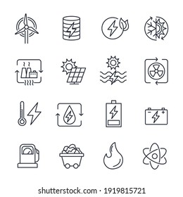 Set of Energy Types icon. Hydroelectric Power Station, Solar Cells and more. Energy Types pack symbol template for graphic and web design collection logo vector illustration