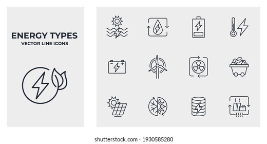 Icono Conjunto de tipos de energía. Estación de energía hidroeléctrica, celdas solares y más. Plantilla de símbolo del paquete de tipos de energía para la colección de diseños gráficos y web ilustración vectorial