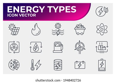 Icono Conjunto de tipos de energía. Estación de energía hidroeléctrica, celdas solares y más. Plantilla de símbolo del paquete de tipos de energía para la colección de diseños gráficos y web ilustración vectorial
