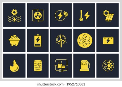 Set of Energy Types icon. Hydroelectric Power Station, Solar Cells and more. Energy Types pack symbol template for graphic and web design collection logo vector illustration