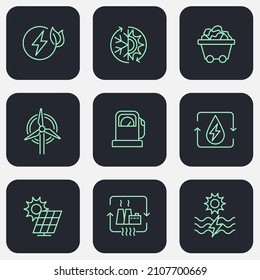 Icono Conjunto de tipos de energía. Estación de energía hidroeléctrica, celdas solares y más. Plantilla de símbolo del paquete de tipos de energía para la colección de diseños gráficos y web ilustración vectorial