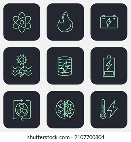 Set of Energy Types icon. Hydroelectric Power Station, Solar Cells and more. Energy Types pack symbol template for graphic and web design collection logo vector illustration
