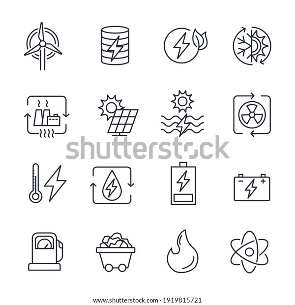 Set of Energy Types\
icon. Hydroelectric Power Station, Solar Cells and more. Energy\
Types pack symbol template for graphic and web design collection\
logo vector illustration