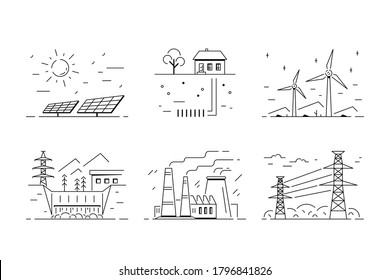 Set of energy types logo templates, icon design. Green energy, renewable energy sources, power production and supply concept. 