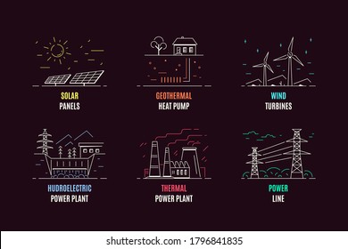 Set of energy types logo templates, icon design. Green energy, renewable energy sources, power production and supply concept. 