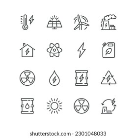 Set of energy types related icons, power station, solar cells, fossil fuels, renewable, turbine, ecology, lightning and linear variety vectors.