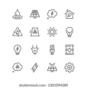 Set of energy types related icons, power station, solar cells, fossil fuels, renewable, turbine, ecology, lightning and linear variety vectors.