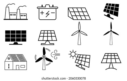 Set of energy types related vector line icons. Contains such Icons as, Solar Panel, Solar Power, Wind Power Station, Renewable Energy. Vector illustration. Editable Stroke