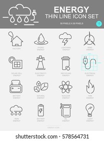 Set of Energy Vector Line Icons. Includes wind energy, Hydro energy, Solar Cell energy, Factory and more. 50 x 50 Pixel.
