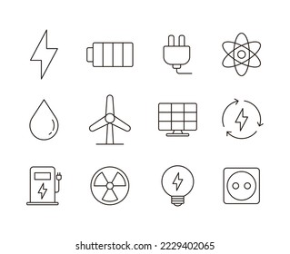 A set of energy-related icons in a simple, minimalistic line style. Science icons symbolizing electricity, battery, electronic, charger, charging station, solar, oil, light bulb, light, hydrogen, wind