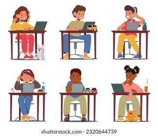 Set Engaged Kids Characters Sitting Attentively At Desks Immersed In Learning And Working On Laptops, Fostering Digital Literacy And Education In A Modern Classroom. Cartoon People Vector Illustration