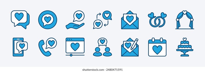 Set of engagement icon. Containing speech bubble, love letter, wedding ring, decoration, message, call, online video, schedule or date, communication, cake, event. Vector illustration