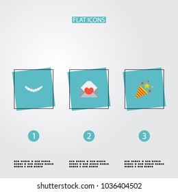 Set of engagement icons flat style symbols with invitation, firework, necklace for your web mobile app logo design.