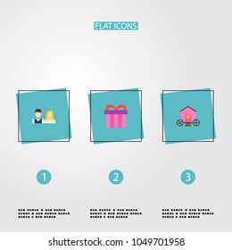 Set of engagement icons flat style symbols with brougham, just married, gift and other icons for your web mobile app logo design.