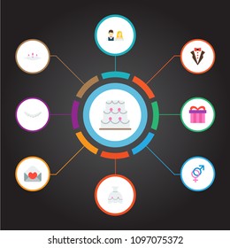 Set of engagement icons flat style symbols with crown, groom suit, just married and other icons for your web mobile app logo design.