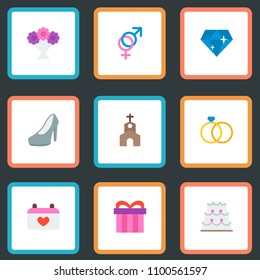 Set of engagement icons flat style symbols with ring, diamond, bouquet and other icons for your web mobile app logo design.