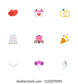 Set of engagement icons flat style symbols with ring, brougham, hearts and other icons for your web mobile app logo design.
