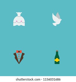 Set of engagement icons flat style symbols with bride dress, dove, champagne and other icons for your web mobile app logo design.