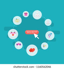 Set of engagement icons flat style symbols with just married, ring, gift and other icons for your web mobile app logo design.
