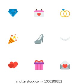Set of engagement icons flat style symbols with invitation, hearts, gift and other icons for your web mobile app logo design.