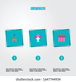 Conjunto de iconos de compromiso símbolos de estilo plano con iglesia, ramo, regalo y otros iconos para el diseño del logo de tu aplicación móvil web.