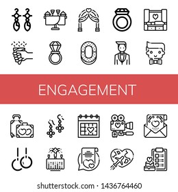 Set of engagement icons such as Earrings, Wedding, Wedding ring, Wedding arch, Ring, Groom, Honeymoon, Rings, day, Vows, invitation , engagement
