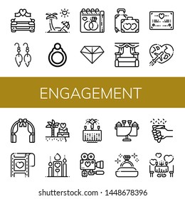 Set of engagement icons such as Wedding car, Earrings, Honeymoon, Ring, Wedding day, Diamond, Wedding, certificate, arch, Romantic, Diamond ring , engagement