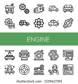 Set of engine icons. Such as Electric generator, Setting, Gear, Suv, Engine, Car, Robot arm, Rocket, Generator, Seo, Settings, Mechanic, Dashboard, Search engine , icons