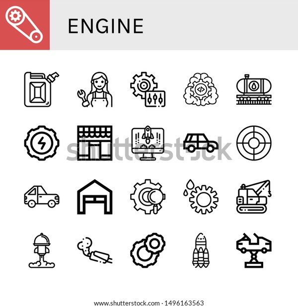 Set of engine icons such as Gear,\
Jerrycan, Mechanic, Setting, Oil train, Market, Rocket, Suv, Seo,\
Car, Garage, Machinery, Muffler, Cogwheel ,\
engine