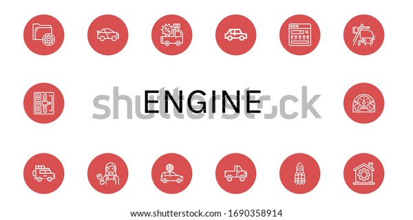 Set of engine icons. Such as Settings,\
Racing car, Car, Search engine, Motorbike, Jeep, Mechanic, Rocket,\
Gear, Shift stick, Dashboard , engine\
icons