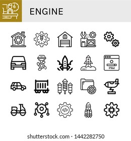 Set of engine icons such as Shift, Gear, Garage, Settings, Car, Boat engine, Rocket, Search engine, Suv, Railway carriage, Motorcycle ,